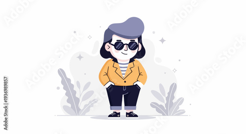 Stylized character with sunglasses and jacket, standing with hands in pockets amidst abstract plant elements