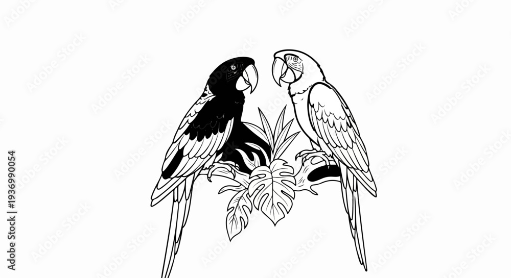 Fototapeta premium Two parrots perched on a branch with tropical leaves, one black, one white