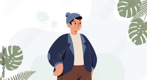 A cartoon man in a beanie, jacket, and trousers stands amidst stylized leaves and soft shapes
