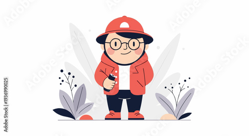 Cheerful child in a red hat and jacket, holding a small item, surrounded by stylized plants