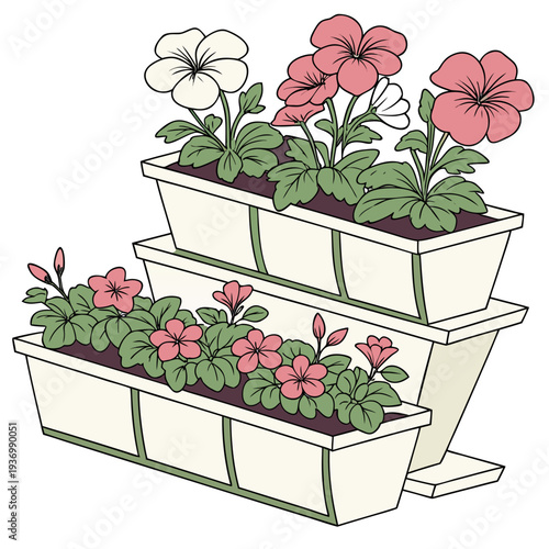 Of pink white flowers in stacked planters petunias