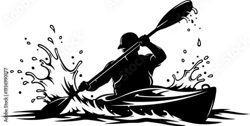 Vector silhouette of kayaker paddling through water