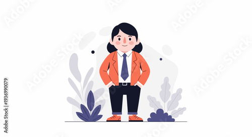 A smiling person in a suit stands confidently with hands in pockets amidst abstract plants
