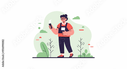 Stylized person in casual clothes holding a smartphone amidst abstract greenery and shapes