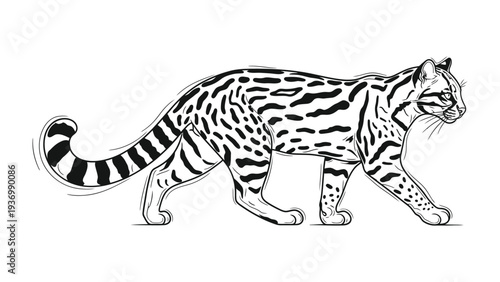 Ocelot Silhouette: A sleek, black and white outline of an ocelot, showcasing its unique spotted coat and graceful feline form.