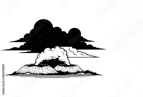 Volcanic eruption with dark smoke plumes billowing upwards against a white background