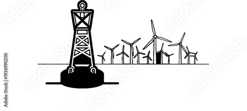 A buoy-like marker stands beside a row of wind turbines under a clear sky