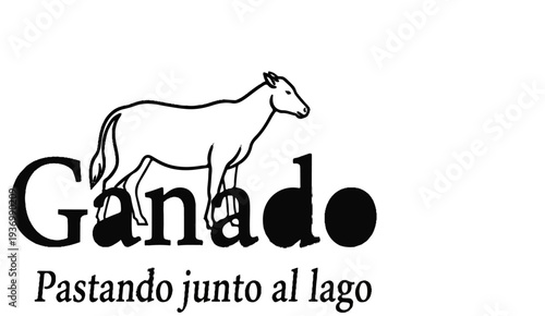 A cow is grazing near a lake, with text reading "Ganado" and "Pastando junto al lago