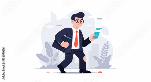 Animated businessman in a suit walks with a briefcase and a phone in a stylized city