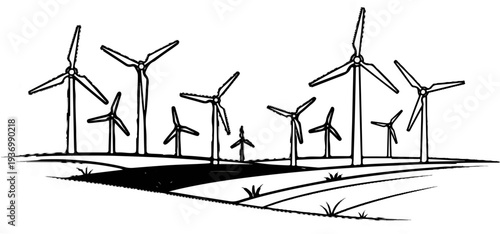 A black and white drawing of many wind turbines in a landscape