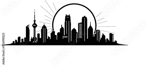 A black silhouette of a modern city skyline at sunset