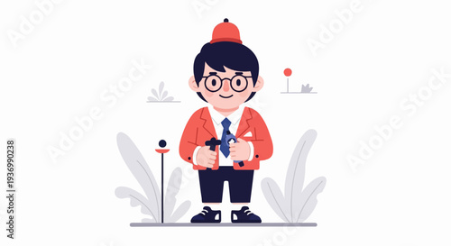 A cheerful young boy in a red suit and cap holds a blue toy in a stylized park setting