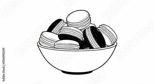 A black and white illustration of a bowl overflowing with contrasting macarons