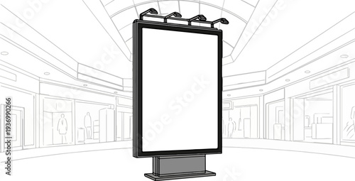 A blank billboard stands in a simplified line drawing of a shopping mall interior