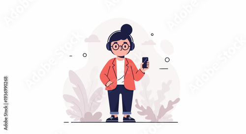 Person wearing headphones and holding a smartphone, with abstract plant shapes in background