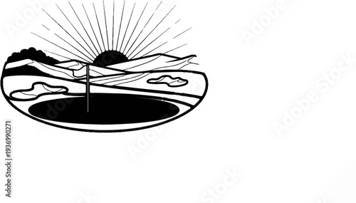 A golf course scene with a hole, flag, sand traps, rolling hills, and rising sun