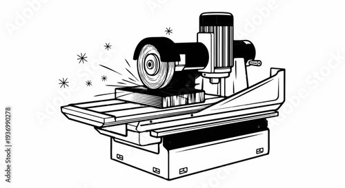 A grinder with a rotating blade cuts metal, producing sparks and stars