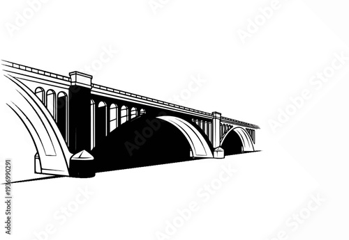 A black and white illustration of a long, arched bridge spanning into the distance