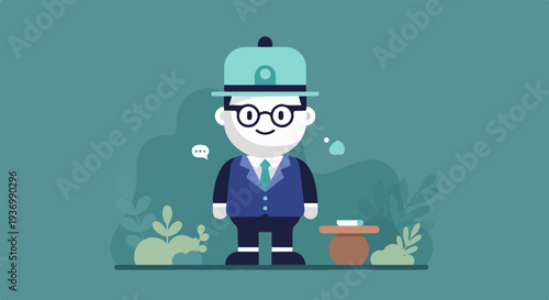A cartoon man in a suit and hat stands with a small table and plants