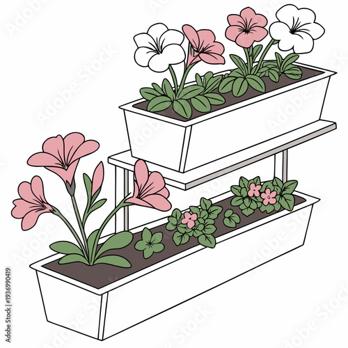 Of two white planters with pink and white flowers on a stand