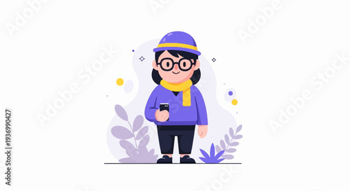 A stylized person with glasses, hat, and scarf holds a phone, with abstract shapes and plants