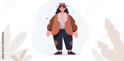 Flat illustration of a person wearing a hat, jacket, and pants, with leafy background elements