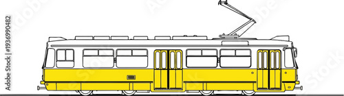 Yellow and white public transit vehicle with pantograph on roof