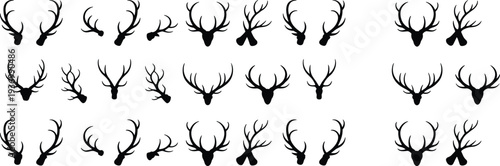 Deer antlers silhouette collection, stag head horn icons set, hunting trophy wildlife symbols for logo design, tattoo, branding