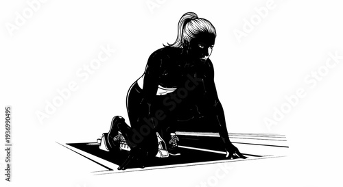 Woman in starting blocks on a track, ready to sprint
