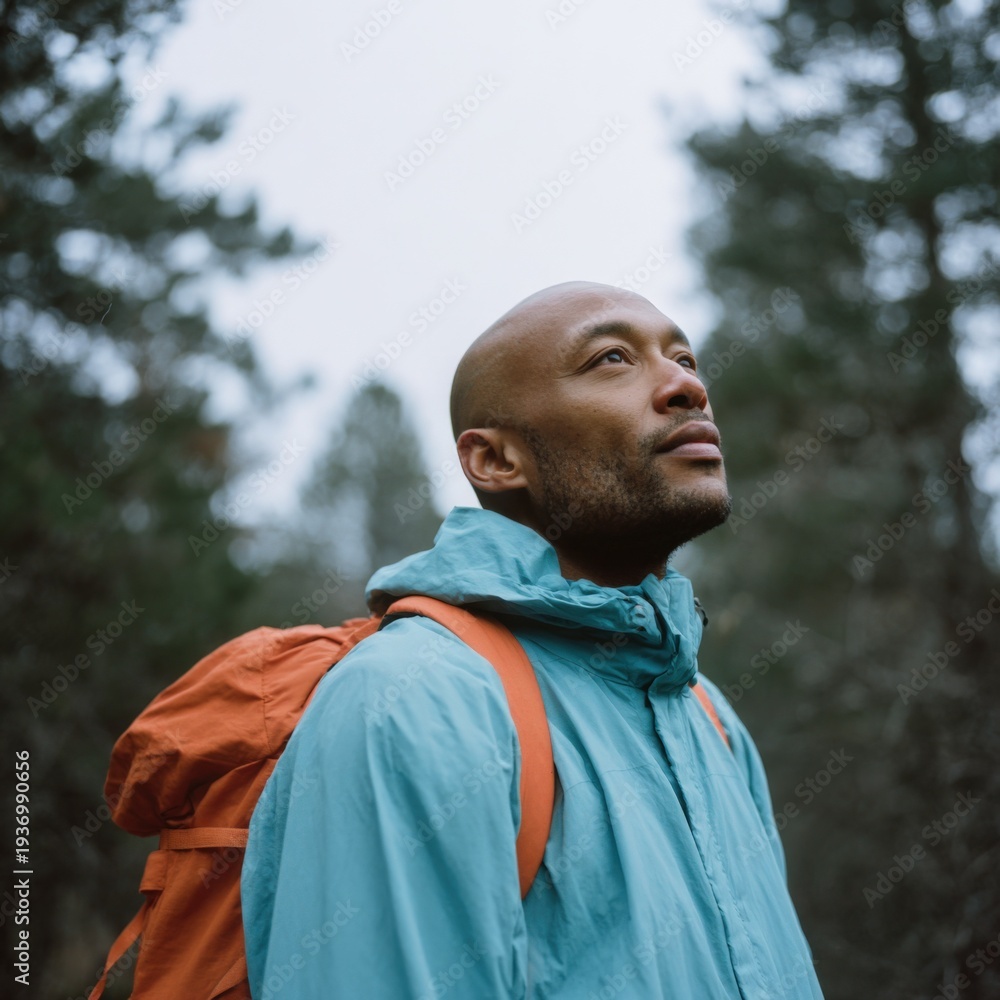 Fototapeta premium Male african adult hiker bald head teal jacket orange backpack in forest looking upward contemplative outdoor portrait