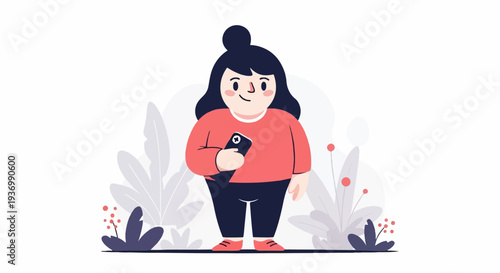 Chubby cartoon woman in coral shirt holding phone, amidst stylized foliage