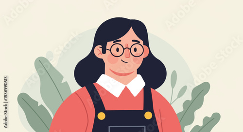 Minimalist illustration of a young person with glasses and dark hair, wearing overalls