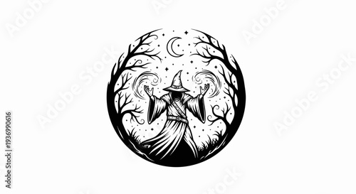 A dark mystical wizard conjures magic under a moonlit, starry, forested sky