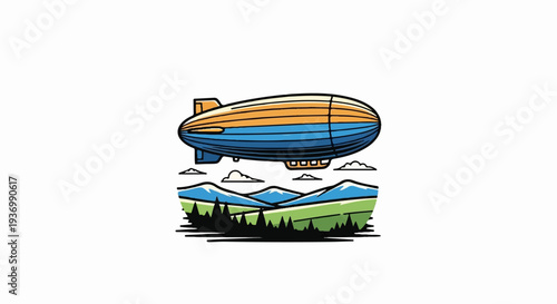 A colorful blimp floats above a scenic mountain landscape