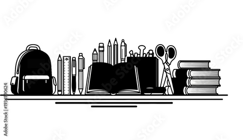 A collection of school supplies, including a backpack, books, pens, and scissors