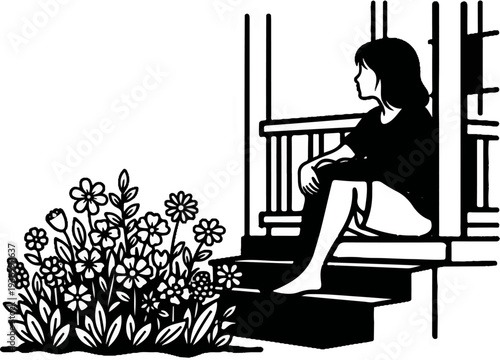 A person sits on steps near a flower bed, looking out thoughtfully