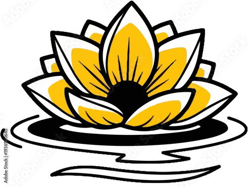Stylized yellow and white lotus flower floats serenely on rippling dark water
