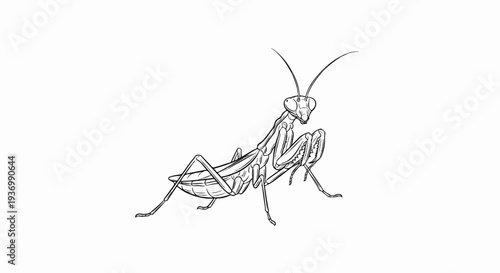 A detailed line drawing depicts a praying mantis in profile, poised with folded front legs