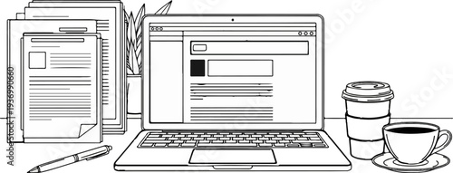 A desk scene with a laptop, documents, a plant, a pen, and two coffee cups