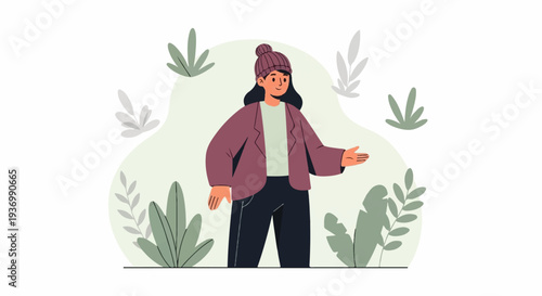 Person in warm clothing stands amidst lush green foliage, offering a welcoming gesture