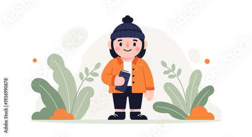 Cheerful cartoon character in winter attire holding a book amidst lush green foliage