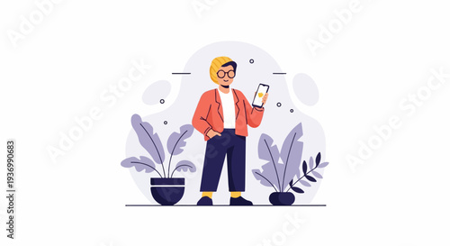 Person in coral jacket and navy pants holding phone with yellow heart