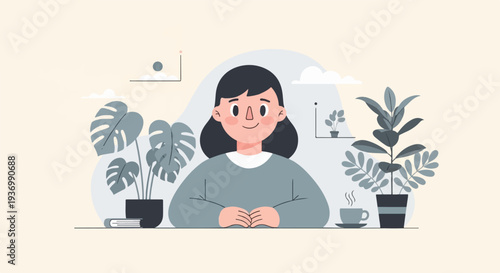 A cheerful person sits at a table surrounded by plants and a cup of coffee