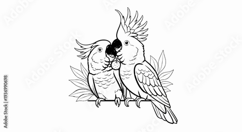 Two parrots perched together, sharing a small fruit