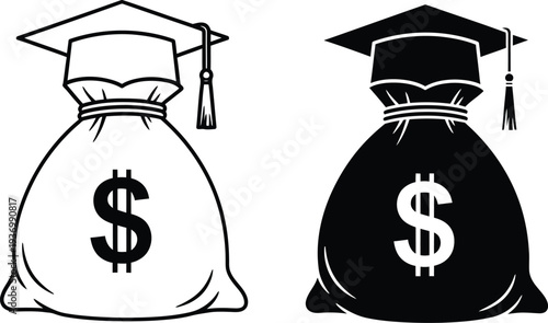 Line art and solid icon set featuring a money bag with a dollar sign and a graduation cap for educational finance
