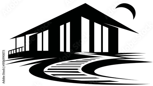 Black and white illustration of a house with a path, a porch, and a crescent moon