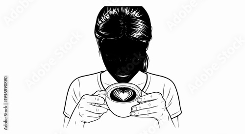 Woman with heart-shaped latte art, enjoying a warm beverage