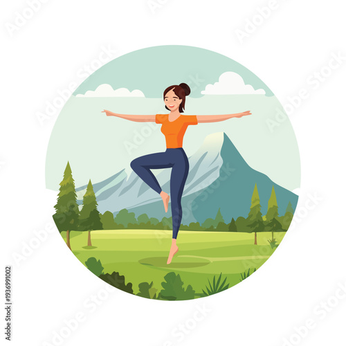 Woman balances outdoors against a scenic mountain backdrop