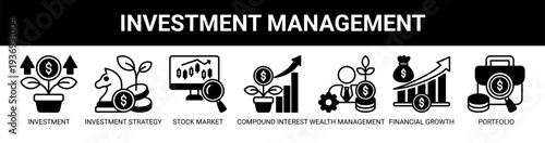 Investment Management web banner icon vector illustration concept with icons of investment, investment strategy, stock market, compound interest, wealth management, financial growth, and portfolio.