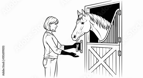 A person opens a stable door to greet a horse